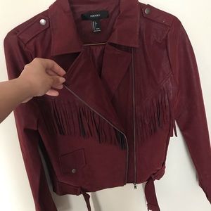 Forever 21 Burgundy Fringe Moto Jacket